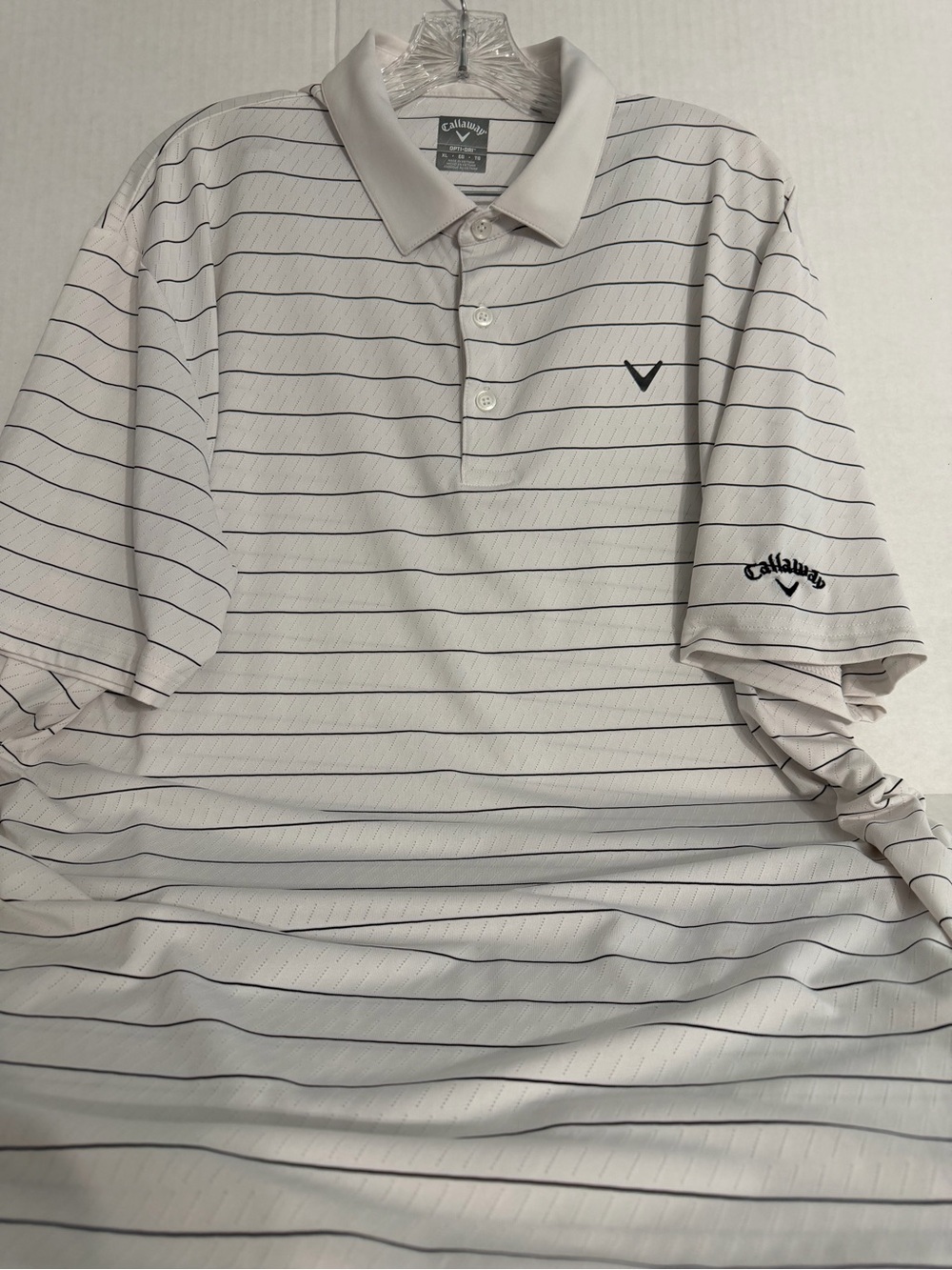 Callaway Opti Dri White Polo with Navy Pinstripes